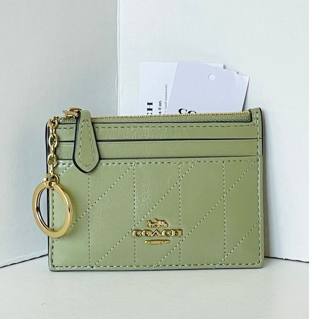 Coach Mini Skinny ID Case Quilted Leather Keyring Wallet CEH41 Pistachio